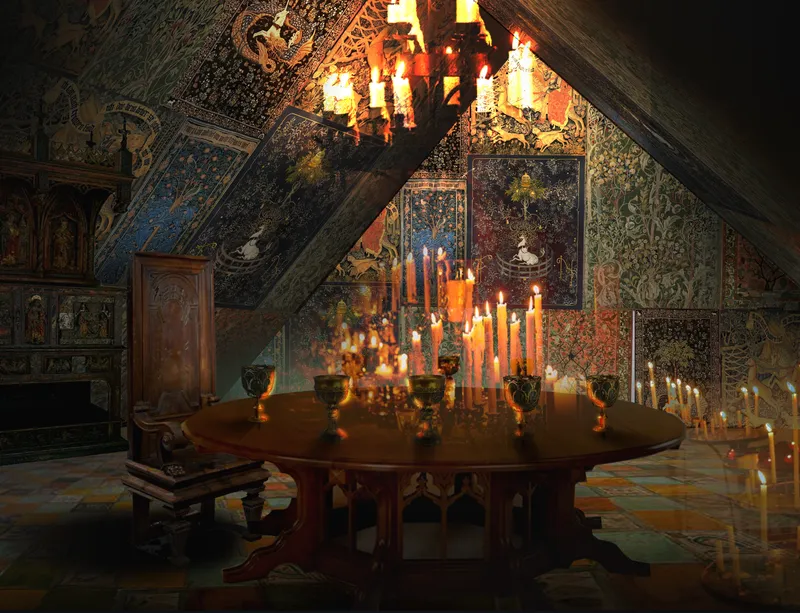 Interior attic room with a round table covered in lit candles beneath ornate ceiling beams