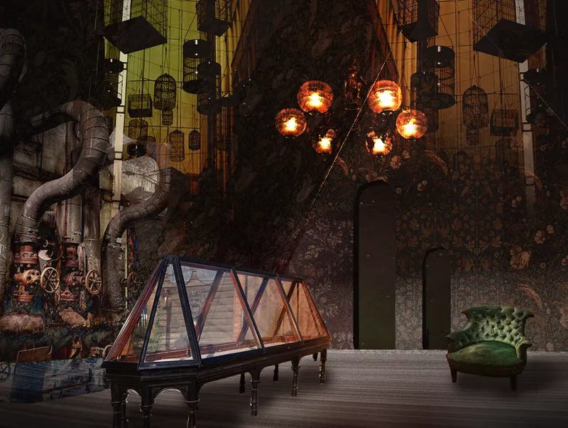 Interior with a glass piano beneath suspended globe lights and exposed industrial ductwork