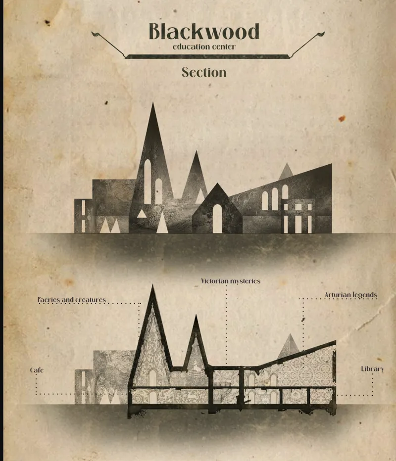 Section drawing showing a series of peaked volumes with arched openings and programmatic labels