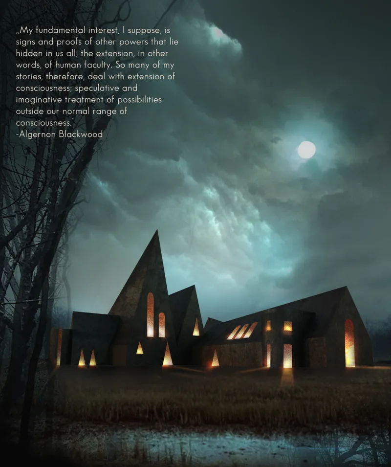Exterior view of angular volumes with triangular illuminated openings under a moonlit sky