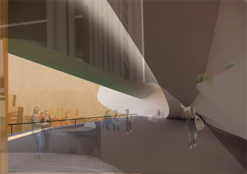 Interior rendering of a curving corridor with people standing near floor-to-ceiling windows and hanging planters