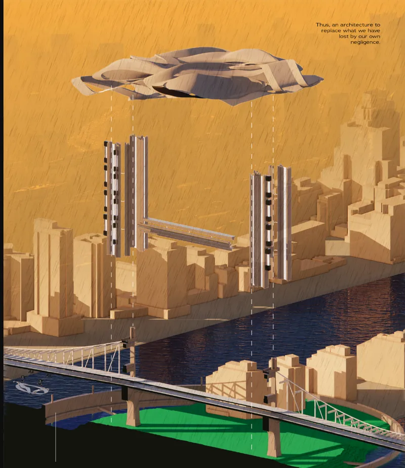 Aerial rendering of vertical housing towers beside a waterway with a suspended canopy structure above