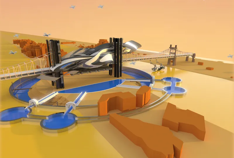 Axonometric rendering showing a complex with curved bridges, circular pools and vertical towers in a desert landscape