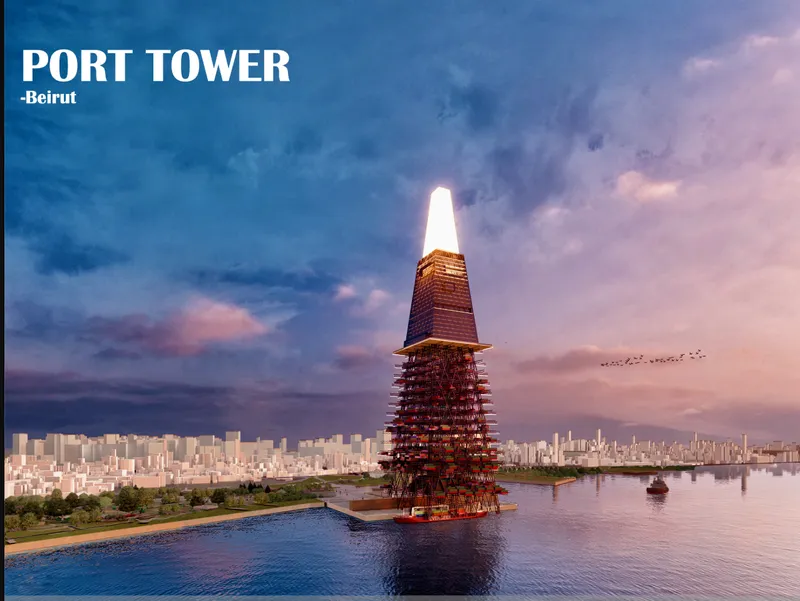 Conical tower with stacked balconies and illuminated crown rising from the waterfront at dusk