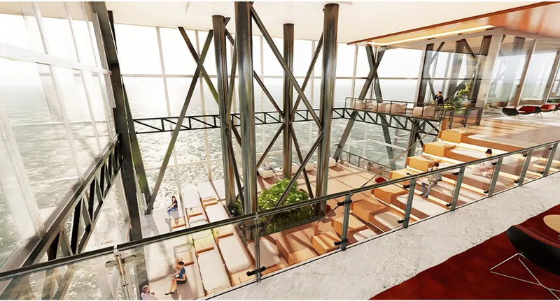 Interior view down through multi-level glass floors with diagonal steel bracing and waterfront views