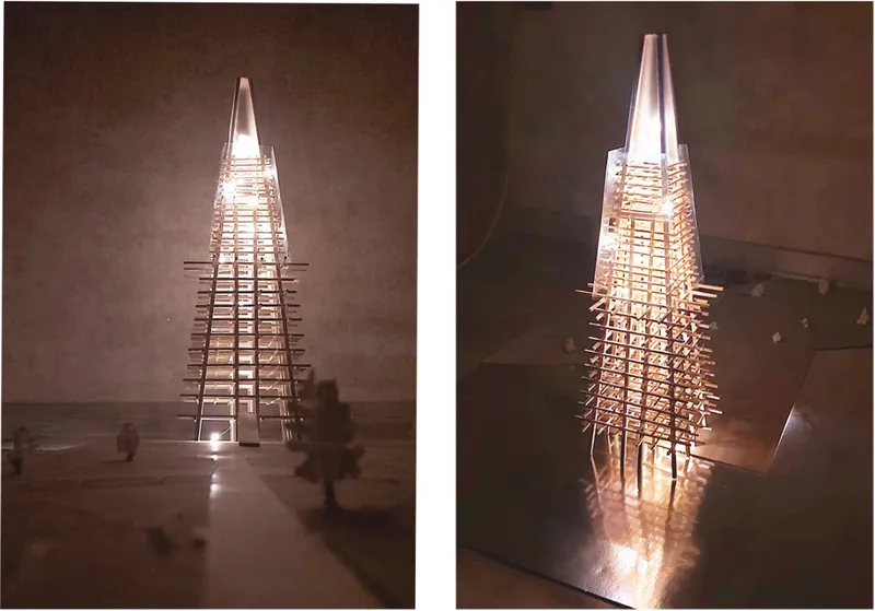 Physical model of the tapered tower with exposed structural framework and lit transparent crown