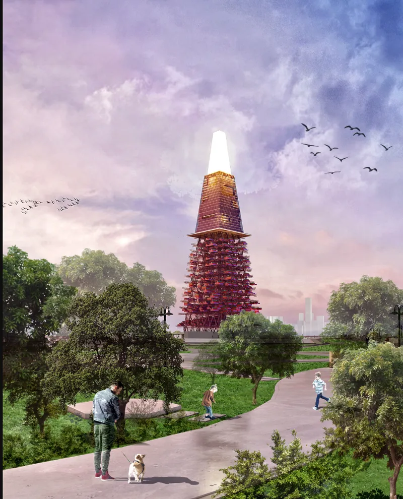 Rendering of the tower viewed from a park pathway with visitors and trees in the foreground