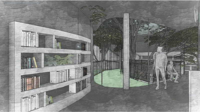Rendered view of library shelving along wall adjacent to glass-enclosed courtyard with mature tree