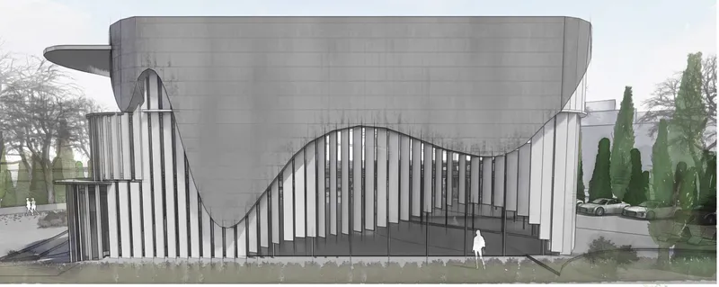 Side elevation rendering of the undulating concrete facade with vertical fins under overcast sky