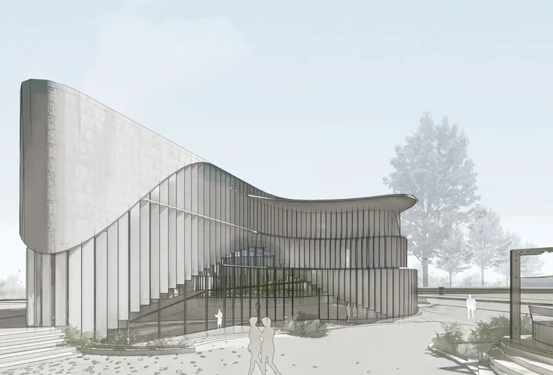 Rendering of the curved concrete volume with vertical metal fins and exterior stairs surrounded by mist