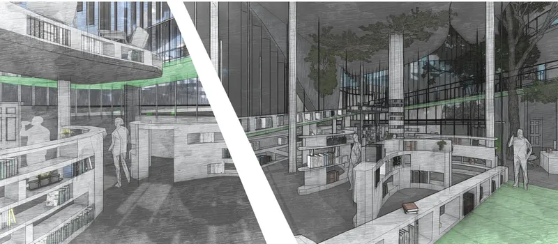 Interior perspective rendering showing multi-level spaces with circular openings and reading areas with figures