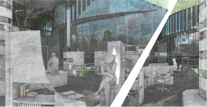 Rendered interior view of glass-enclosed reading spaces with brick walls and figures seated at desks