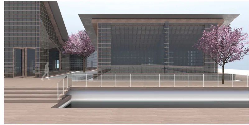 Outdoor courtyard with stepped seating and two cherry blossom trees flanking a gridded facade