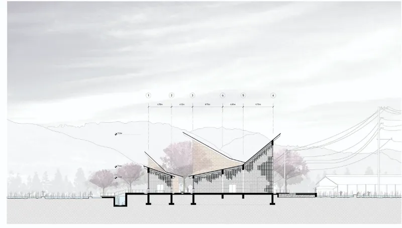 Section drawing of three gabled volumes with gridded screens under a cloudy sky with trees