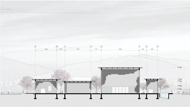 Section drawing showing four pavilion structures with varied rooflines and checkered facades amid trees