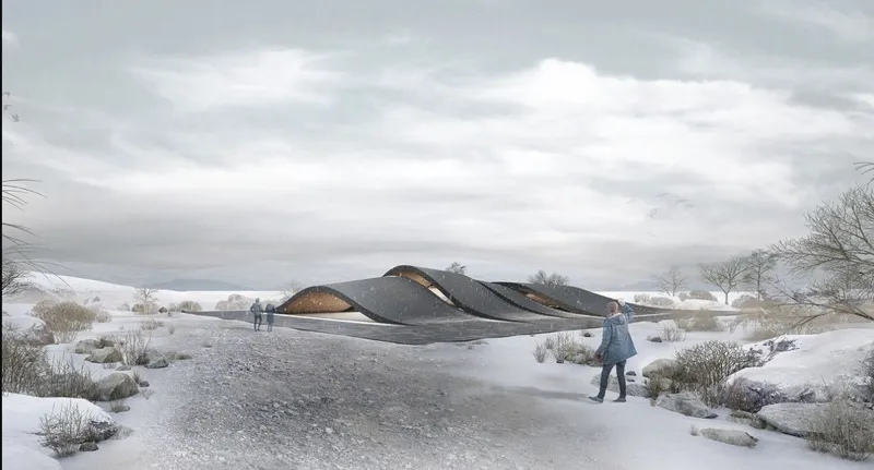 Low curved roof structure in a snowy landscape with visitors walking along a gravel path