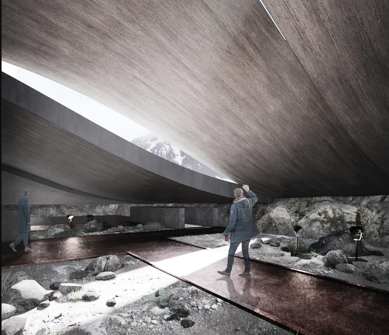 Interior view beneath the sloped timber-lined ceiling with visitors overlooking exhibition landscape below