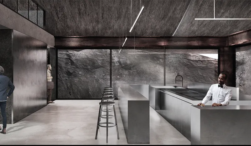 Reception area with stainless steel counter and exposed rock wall beneath timber-grained concrete ceiling