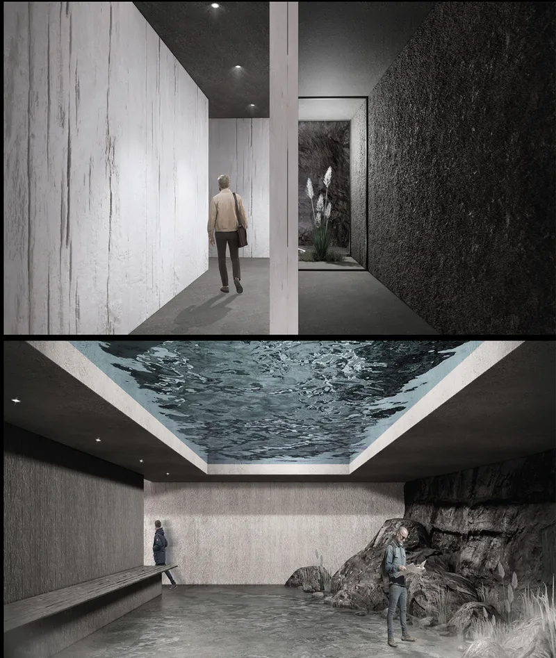 Interior corridor with white marble walls and dark textured stone leading to a courtyard with cactus