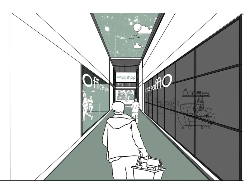 Perspective drawing of a corridor with glazed walls and a skylit yard above a person carrying tools