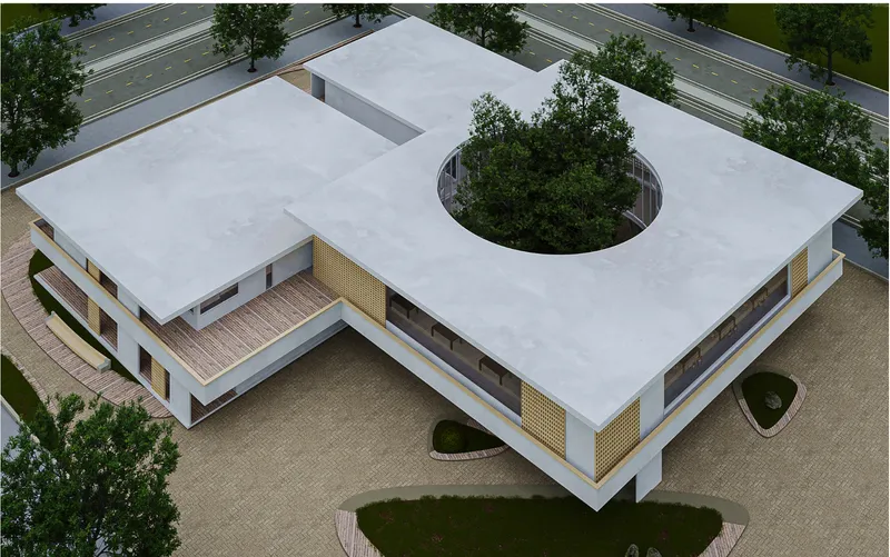 Aerial view of the white flat roof with a circular courtyard opening and planted trees below