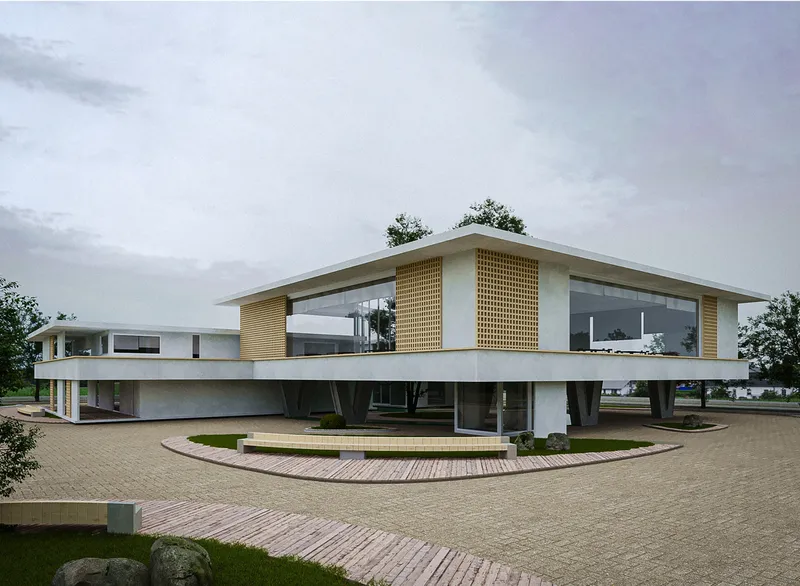 Exterior view of the elevated volume with latticed timber screens and pilotis under an overcast sky