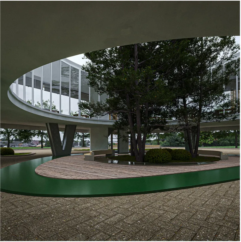 View under the cantilevered upper floor showing trees growing through a curved green-edged timber deck