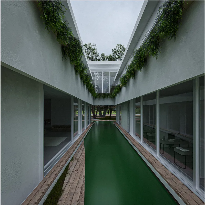 Narrow courtyard with a linear green water feature flanked by glazing and cascading vines overhead