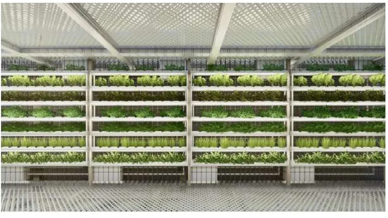 Interior wall of horizontal hydroponic planter beds stacked in rows beneath a perforated ceiling