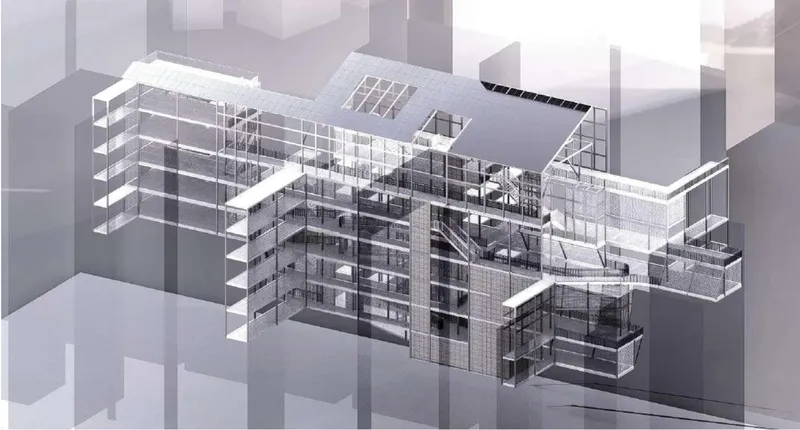 Exploded axonometric drawing revealing multiple floors with growing systems and circulation paths within the complex
