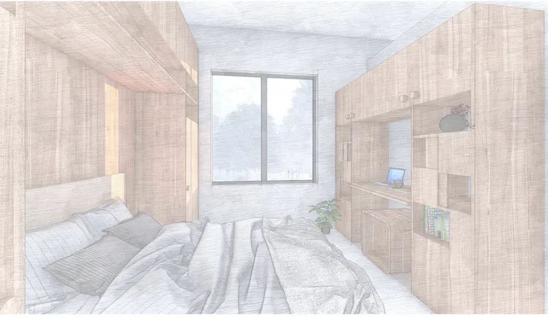 Interior rendering of a bedroom with light wood paneling and a center window