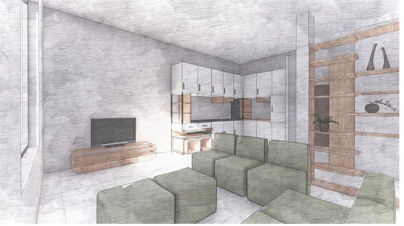 Interior rendering showing the open living area with green modular seating and wood shelving