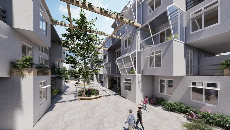 Ground-level view of the shared courtyard with timber pergola overhead and two residents walking