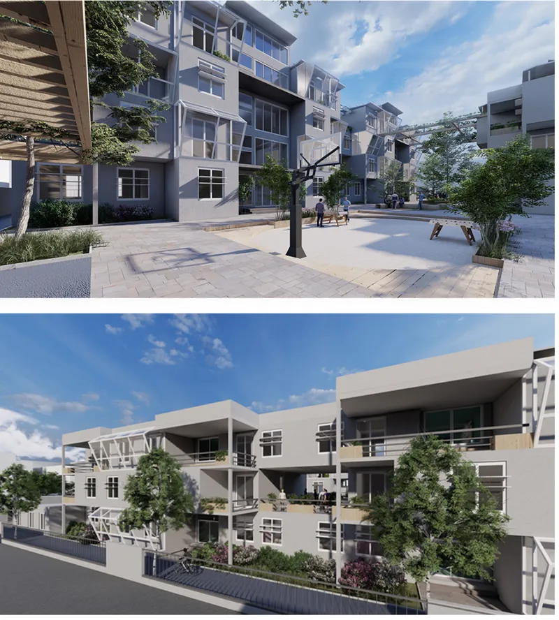 Two views showing the paved plaza with street furniture and the residential blocks with balconies
