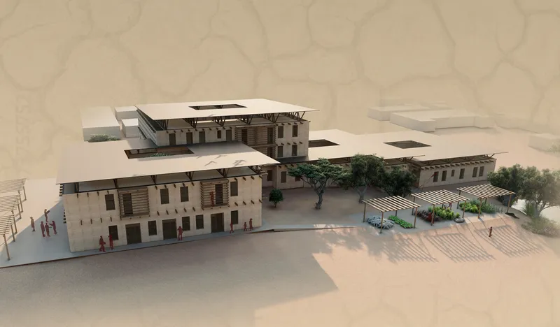 Physical model showing clustered volumes with flat roofs and courtyards arranged around planted zones with miniature trees