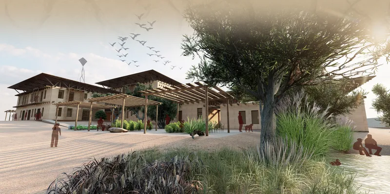 Rendered exterior view of the complex with timber pergolas and a large tree in the foreground under flying birds