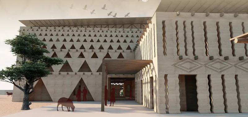 Courtyard facade with triangular patterned wall panels and wavy timber sculptures beside a tree and grazing animal