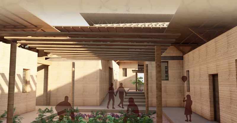 Covered courtyard passageway with exposed timber beams casting shadows across rammed earth walls and planted beds