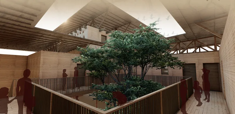 Interior atrium with a planted tree rising through the space surrounded by timber railings and skylights above