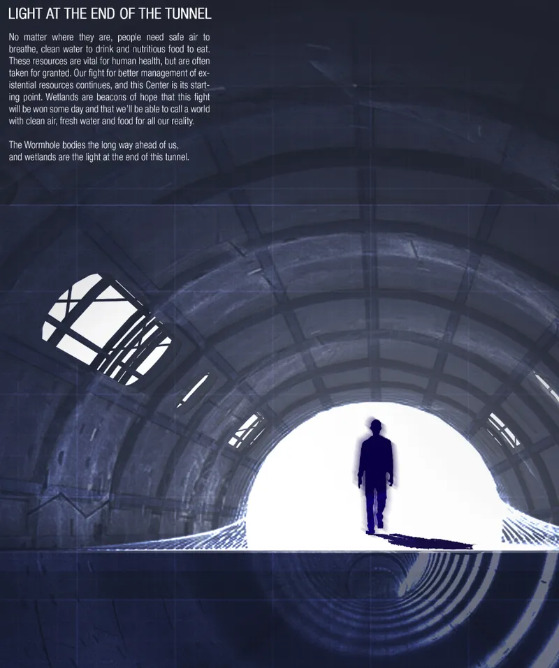 Interior view of a circular tunnel with ribbed walls and a silhouetted figure walking toward the exit