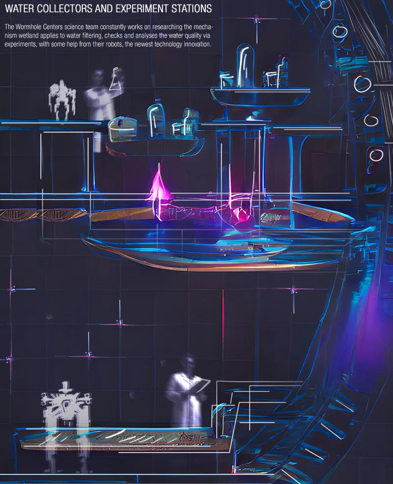 Section drawing showing multilevel laboratory platforms with water collection equipment and blue accent lighting