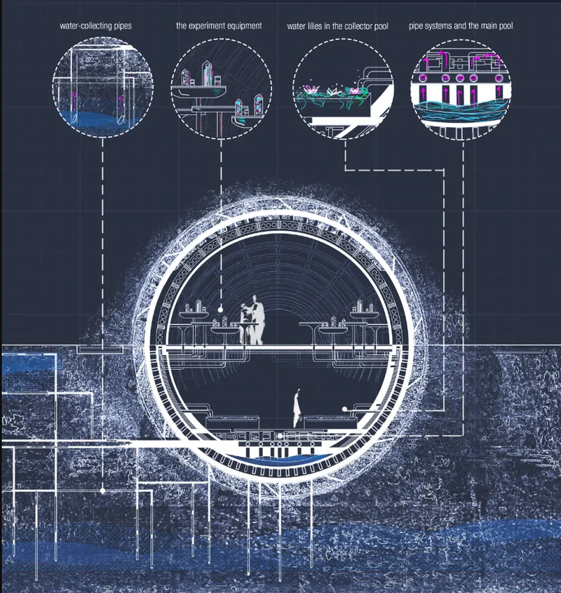 Section drawing of a circular tunnel facility with labeled detail callouts showing water systems and equipment