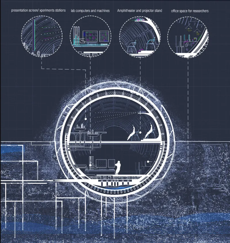 Section drawing of the laboratory chamber with annotated detail vignettes showing workstations and research equipment