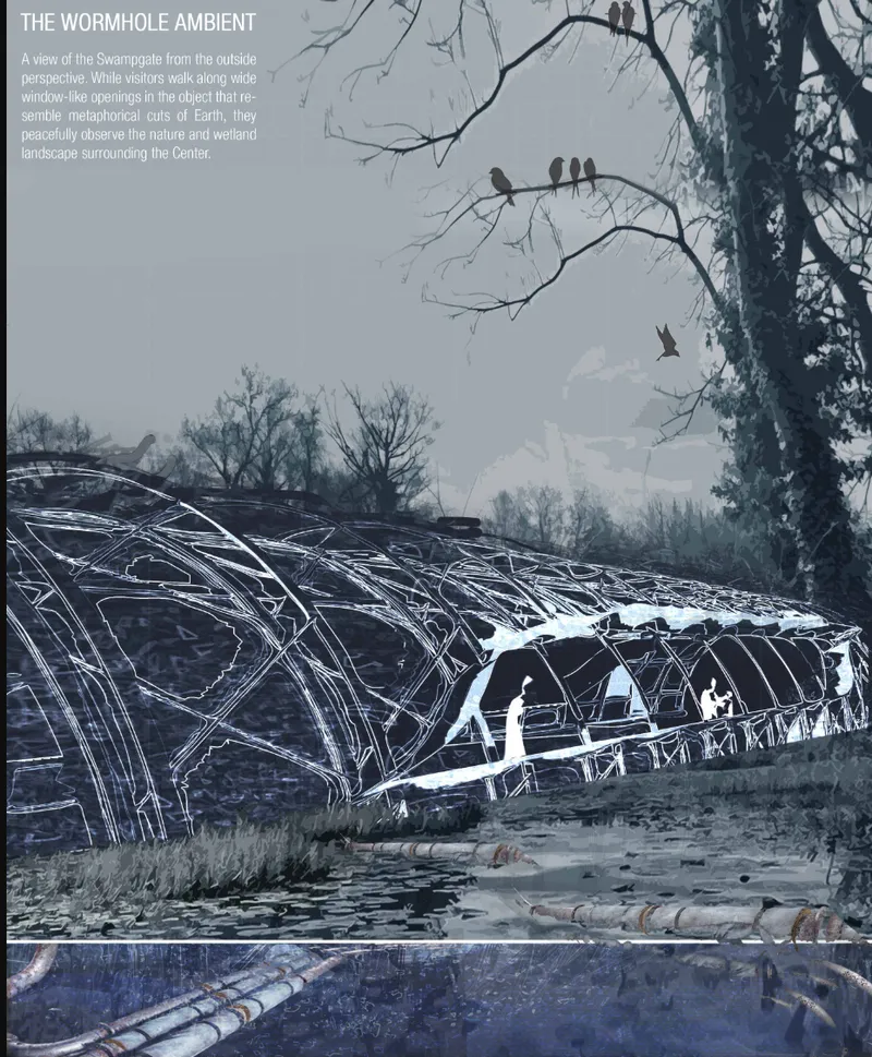 Exterior view of the undulating glass roof structure beside a wetland with bare trees and birds