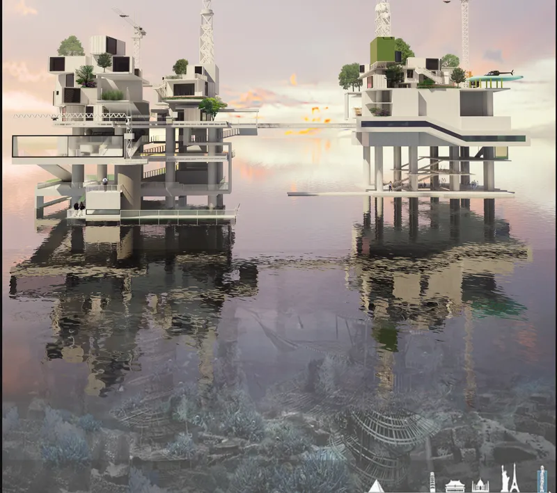 Rendering of stacked modular units on concrete piers reflected in calm water at sunset