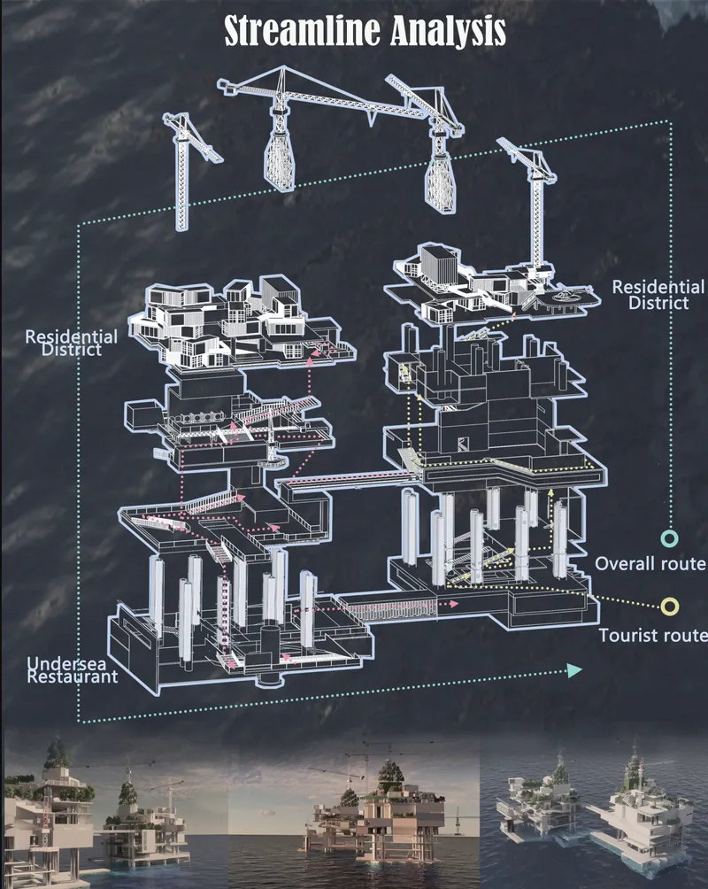 Exploded axonometric drawing showing layered platforms with cranes and circulation routes between residential levels