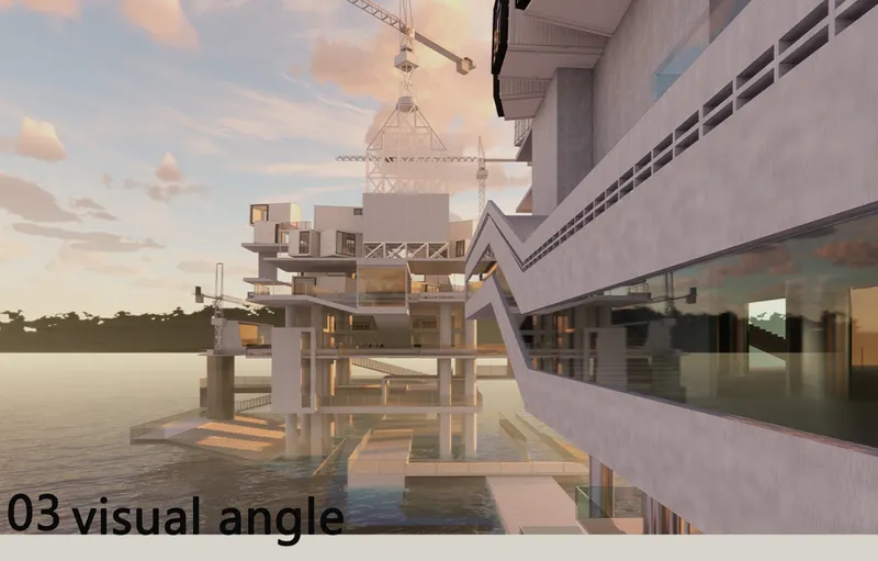 Concrete volumes and timber walkways connecting elevated platforms with crane tower visible above