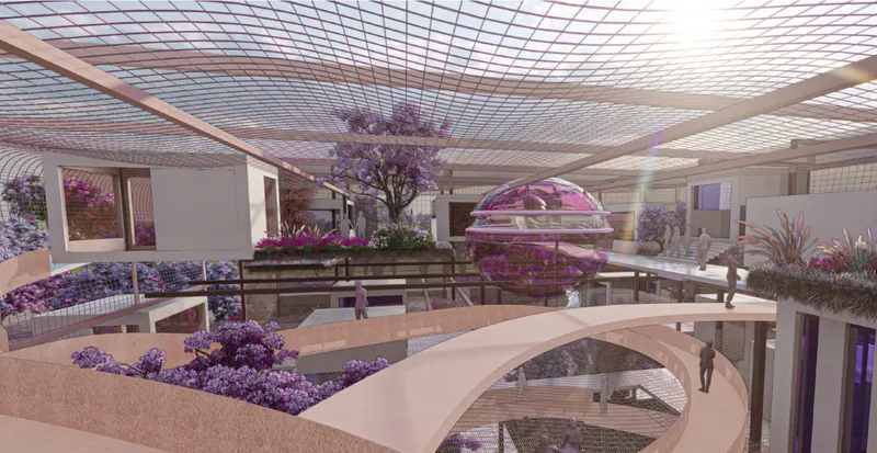 Interior atrium with curved bridges spanning across planted terraces beneath a cable net skylight