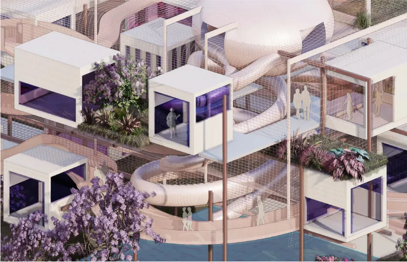 Sectional view through stacked white volume units interwoven with planted terraces and curving circulation ribbons