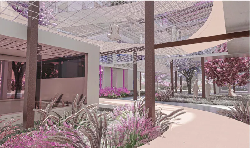 Interior courtyard with mesh ceiling grid filtering light over planted beds and seating beneath columns